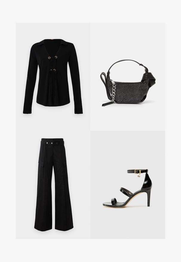 Zwarte lange mouwen shirt met een V-hals, gouden ringen en verstelbare strikjes aan de voorkant. Gemaakt van zachte stof met een gladde textuur.; Zwarte off-shoulder top met gevallen stof, zachte textuur en een getailleerd ontwerp. Kenmerkt zich door een gladde, minimalistische zoom op de taille.; Zwarte wijde broek met hoge tailleband, voorzien van grote zijzakken, twee knopen aan de voorkant en een lusdetail. Gemaakt van stevige stof.; Zwarte gepatineerde leren sandaal met drie banden, enkelgesp en 10 cm hoge stiletto hak. Bevat gouden hardwaredetails en een logo charm.; Zwarte handtas met studded embellishments, een kettingriem en een soepel leren handvat, met een afgeronde vorm en een ritscompartiment.