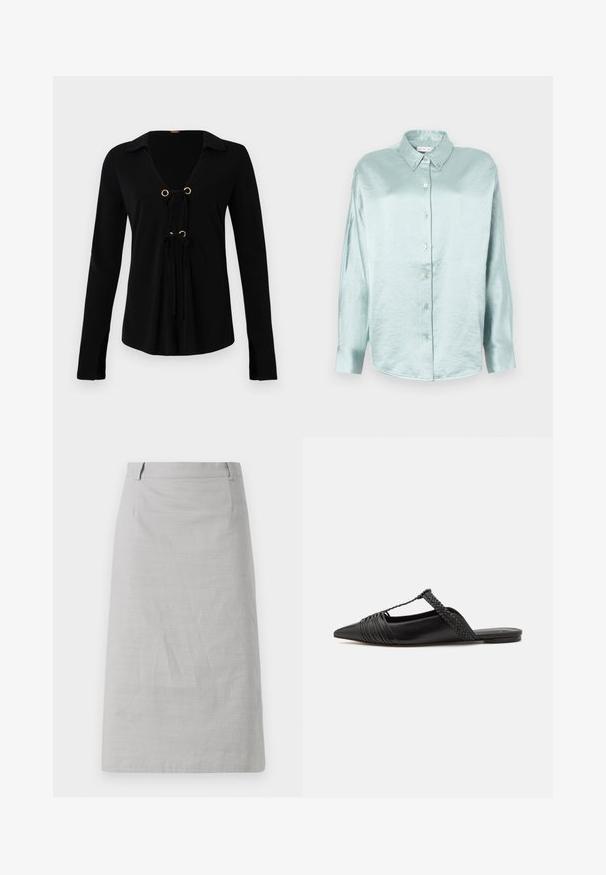 Must musterm ätukleidega must t-särk, millel on V-kaelus, kullatud neetide ja reguleeritavate sidemete ees. Valmistatud pehmest kangast, millel on sile tekstuur.; Hele sinine nööpiga särk, mis on valmistatud läikivast ja pehmest kangast; sellel on krae, pikad varrukad ja ümar äär ning see on lõdva fitiga.; Hallitus hallis seelik sujuva tekstuuri, liibuva kujuga ja lame vöökoht, külgse õmbluste ja nähtavate mustrite või akcentideta.; Must kuulsad nahast kandadega kingad, millel on terav nina, koos kootud detaili ja volditud ülaosaga. Lame tald minimaalse riistvaraga.