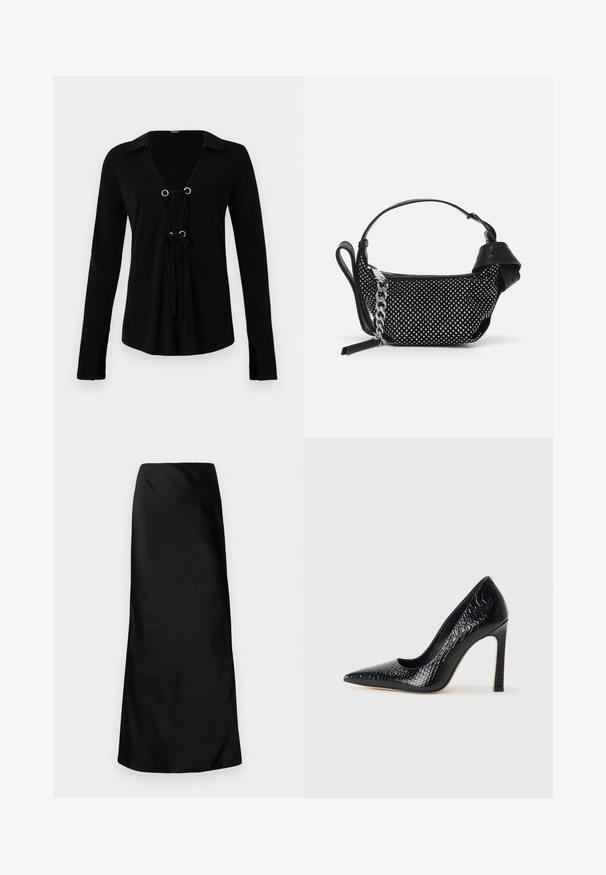 Schwarzes Langarmshirt mit V-Ausschnitt, goldenen Ösen und verstellbaren Bindebändern auf der Vorderseite. Hergestellt aus weichem Stoff mit glatter Textur.; Norma Kamali BIAS OBIE SKIRT - Maxirock - black; Schwarzer, spitz zulaufender High Heel mit Krokodilleder-Struktur, elegantem Design, hohem Stiletto-Absatz und glattem schwarzen Innenraum.; Schwarze Handtasche mit Nietenverzierungen, einer Kettenriemen und einem glatten Ledergriff, in runder Form und mit einem Reißverschlussfach.