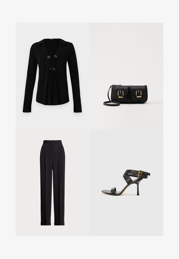 Czarna bluzka z długim rękawem i dekoltem w kształcie litery V, z złotymi oczkami i regulowanymi sznurkami z przodu. Wykonana z miękkiego materiału o gładkiej teksturze.; Czarne dopasowane spodnie z wysokim stanem, z kantami z przodu, prostą nogawką i mankietem na dole. Wykonane z gładkiego materiału.; Czarne sandały na obcasie z krzyżującymi się paskami i regulowanym zapięciem. Charakteryzują się gładką teksturą i zwężanym obcasem w kształcie szpilki.; Czarna skórzana torba na ramię z dwoma przednimi kieszeniami, złotymi klamrami, zamkiem błyskawicznym i cienkim paskiem. Teksturowana powierzchnia i kompaktowy prostokątny kształt.