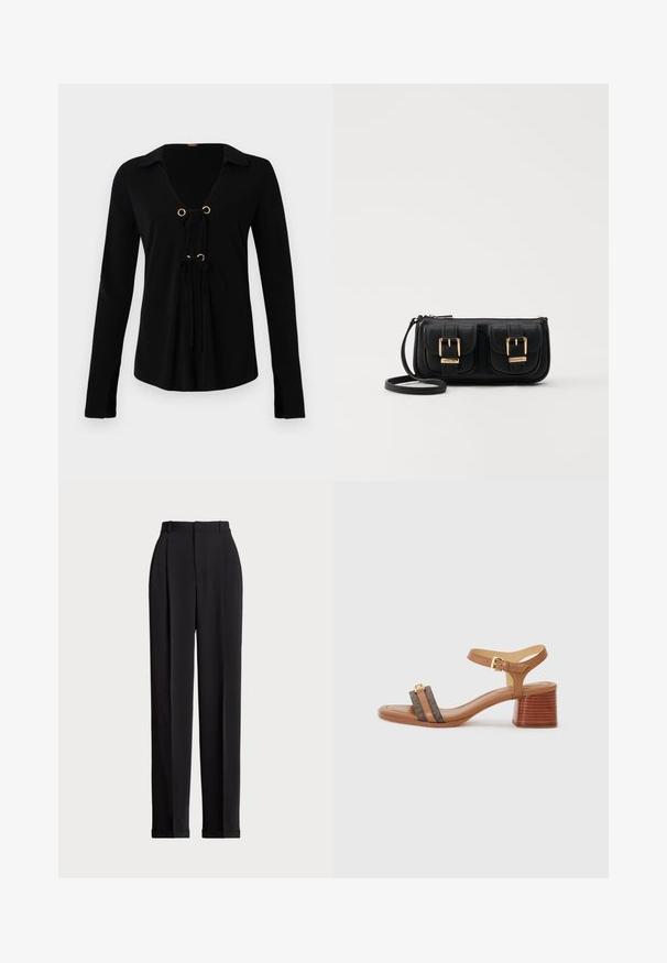 Črna dolg rokav majica z V-izrezom, zlatimi očesi in nastavljivimi vezicami spredaj. Narejena iz mehke tkanine z gladko teksturo.; Črne krojene hlače z visokim pasom, z naborki spredaj, ravnim krojem in manšetami na koncu. Narejene iz gladkega materiala.; Svetlosmeđi sandali s potpeticom u obliku kvadrata, dva tamnosmeđa remena i zlatna kopča. Imaju kosu blok potpeticu i glatku kožnu teksturu.; Črna usnjena torbica čez ramo z dvema sprednjima žepoma, zlatimi zaponkami, zadrgo in ozkim pasom. Tekstura površine je strukturirana, obliko pa ima kompaktno pravokotno.