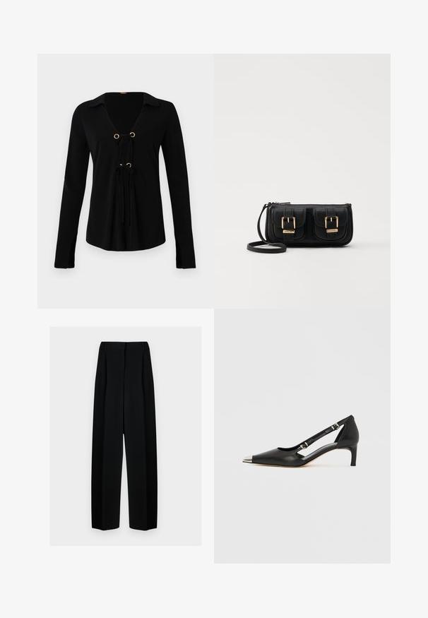 Černá dlouhá rukávová košile s výstřihem do V, zlatými kovovými očky a nastavovacími šňůrkami v přední části. Vyrobena z měkké látky s hladkým povrchem.; Černé široké kalhoty s vysokým pasem, které mají sklady a hladký povrch. Tkanina vypadá lehce a krásně se splétá.; Černá kožená botička s nízkým podpatkem, špičatou stříbrnou špičkou a dvěma pásky s přezkami na bílém pozadí.; Černá kožená crossbody taška se dvěma předními kapsami, zlatými přezkami, zipovým uzávěrem a štíhlým popruhem. Texturovaný povrch a kompaktní obdélníkový tvar.