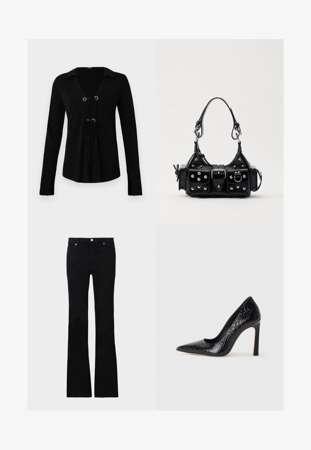 Schwarzes Langarmshirt mit V-Ausschnitt, goldenen Ösen und verstellbaren Bindebändern auf der Vorderseite. Hergestellt aus weichem Stoff mit glatter Textur.; Schwarze, ausgestellte Jeans aus Denim, ausgestattet mit zwei Fronttaschen, einem Knopfverschluss und einer glatten Oberfläche. Signatur-Nähte an den Nähten sichtbar.; Schwarzer, spitz zulaufender High Heel mit Krokodilleder-Struktur, elegantem Design, hohem Stiletto-Absatz und glattem schwarzen Innenraum.; Schwarze Lederhandtasche mit einem geschwungenen Design, verziert mit silbernen Nieten, einer Schnalle und zwei seitlichen Taschen. Verstellbarer Träger für verschiedene Tragemöglichkeiten.