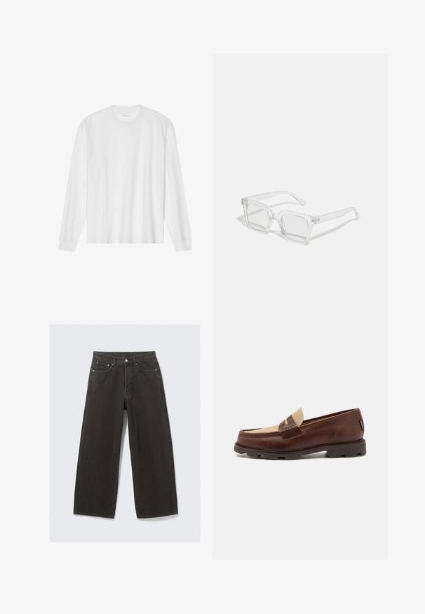 Tricou alb din bumbac, cu mânecă lungă, gât rotund și manșete ribotate. Design simplu, fără ornamentație, cu o textură netedă și o croială standard.; Jeans din denim negri cu picioare largi au o talie înaltă, un design cu cinci buzunare și închidere cu nasture. Materialul are o finisare moale și texturată.; Loaferi din piele maro cu un accent din pânză taupe, detalii cusute și o talpă din cauciuc texturat, proiectați pentru confort și durabilitate.; Ochelari de soare dreptunghiulari transparenți cu un cadru din plastic gros, având lentile ușor nuanțate și fără modele sau accente suplimentare.; Set de cinci inele din argint cu diverse modele: un model în lanț, un band neted, un band cu puncte și accente de lucru deschis.