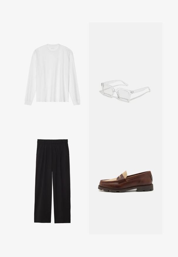 Long-sleeve white cotton t-shirt with a crew neck and ribbed cuffs. Simple, unembellished design, featuring smooth texture and standard fit.; Black wide-leg trousers with a pleated front, side pockets, and a smooth fabric texture. Designed for a relaxed fit.; Brown leather loafers with a taupe canvas accent, stitched detail, and a textured rubber sole designed for comfort and durability.; Clear rectangular sunglasses with a thick plastic frame, featuring slightly tinted lenses and no additional patterns or accents.; Set of five silver rings featuring various designs: a chain pattern, a smooth band, a dotted band, and openwork accents.