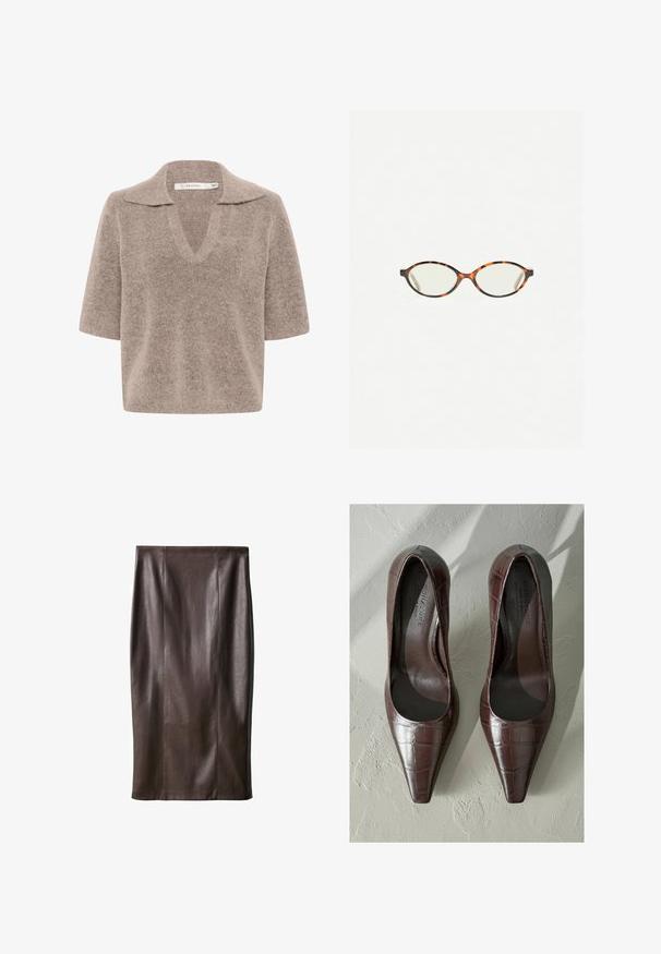 Beige svetřík s krátkým rukávem ve tvaru V, vyrobený z jemného pleteného materiálu, s límečkem a uvolněným střihem.; Hnědá kožená sukně na tužku se hladkou strukturou, délka po kolena, s vertikálními švy pro design. Žádné další kovové prvky nebo akcenty.; Hnědé lakované lodičky s špičatou špičkou, se strukturou krokodýlí kůže a hladkým interiérem. Navrženo pro elegantní vzhled.; Želvovinové brýle s oválnými čočkami a hladkým, jemným povrchem. Má tenké bočnice s jemným zakřivením v chrámcích. Čiré čočky.; Černá kožená kabelka zaobleného tvaru, se dvěma dlouhými úchyty, zlatými detaily a malým štítkem. Uzávěr na zip.