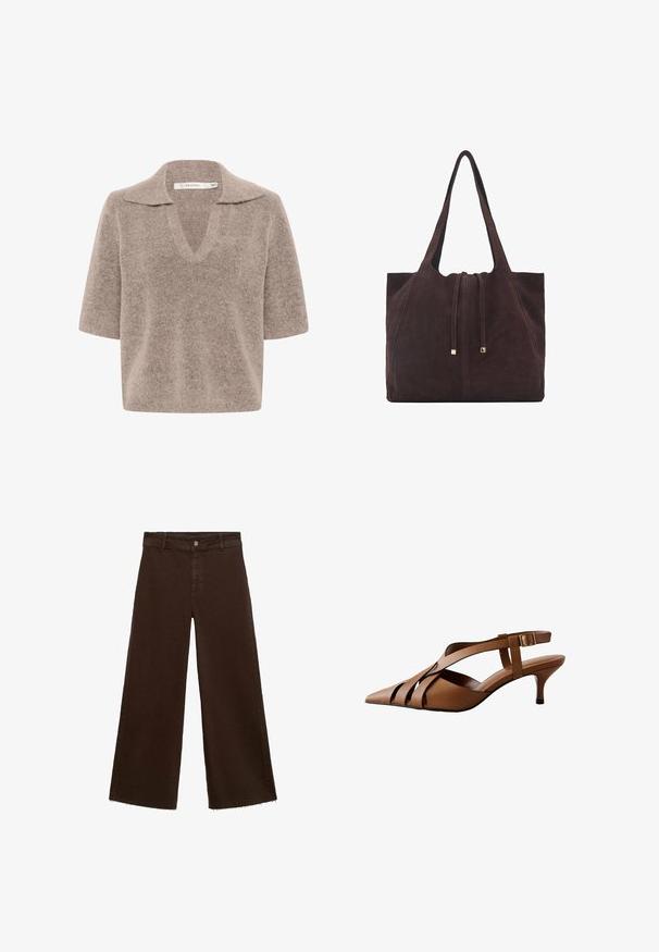 Pulover bej cu mâneci scurte, cu decolteu în V, realizat dintr-un material tricotat moale, având un design cu guler și o croială lejeră.; Pantaloni largi maro dintr-un amestec de bumbac, cu un tiv desfăcut, închidere cu buton frontal și un design clasic cu cinci buzunare. Minimalist și versatil.; Pantofi cu toc maro din piele, cu vârf ascuțit, având mai multe barete suprapuse și un toc mic, fixați cu o cataramă laterală.; Mango Geantă de pânză - dark brown