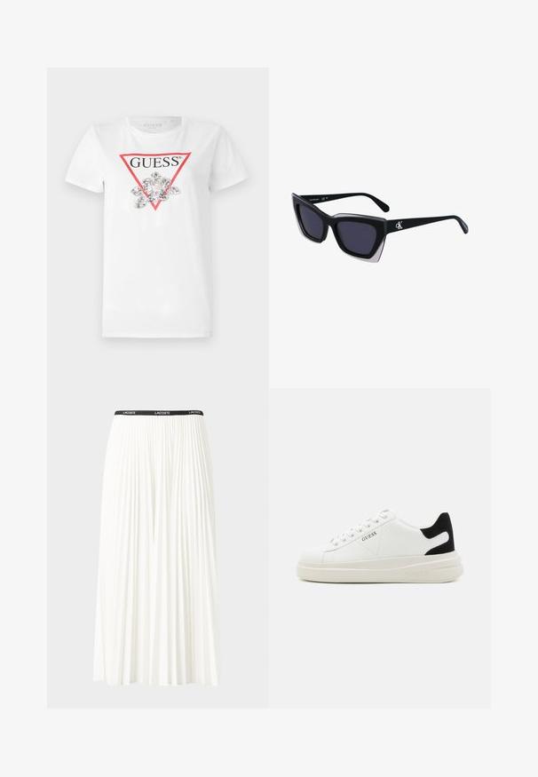 Valkoinen t-paita, jossa on punainen kolmion muotoinen logo, jossa on teksti "GUESS". Keskellä on hopeanvärisiä paljetteja kukkamaisessa muodossa.; Hame valkoinen pliseerattu hame mustalla joustavalla vyötäröhihnalla, jossa on "LACOSTE"-logo. Puolipitkä malli pehmeällä tekstuurilla.; Valkoiset nahkakengät paksulla valkoisella pohjalla, mustalla mokkanahkaosuudella kannassa ja kohokuvioitu logo sivulla. Nauhakeskitys kuudella reiällä.; Mustat ylisuuret aurinkolasit, joissa on geometrinen muoto, tummat linssit ja kehykseen erottuva harmaa yksityiskohta. Logo varressa.