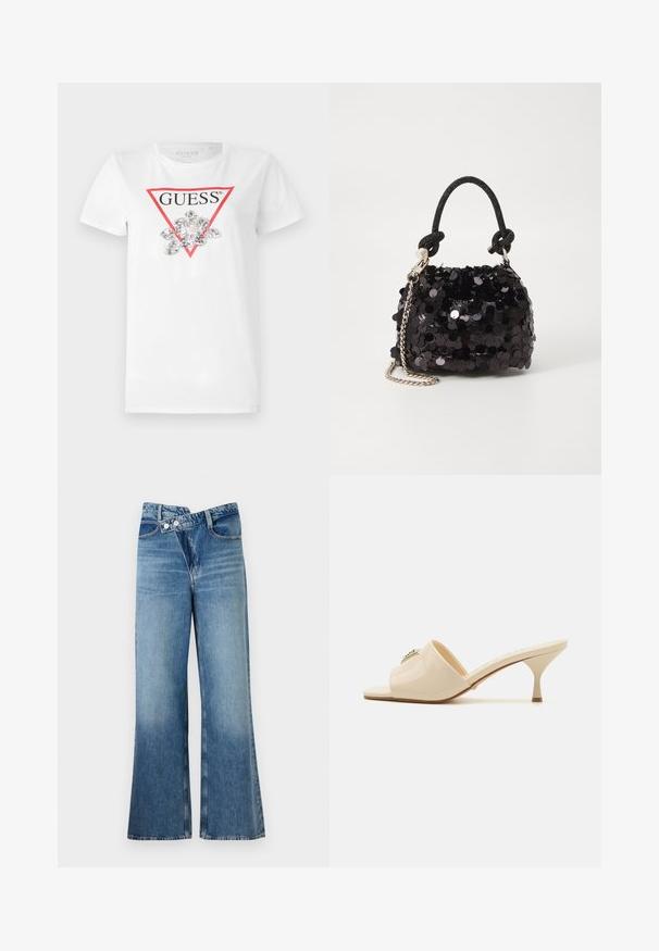 Witte t-shirt met een rood driehoekig logo met de tekst "GUESS", versierd met zilveren pailletten in de vorm van bloemen in het midden.; Lichtblauwe flared jeans met een hoge taille, voorzien van twee knopen en voorzakken. De stof heeft een vervaagde textuur met subtiele variaties.; Beige patent leather open-toe mule sandaal met een lage stilettohak. Kenmerken een centrale decoratieve accent op de bovenkant. Glad, glanzend afwerking.; Zwarte pailletten mini handtas met een geknoopte textuurriem en zilveren ketting. Rondvormig met een geplooide bovenkant en reflecterende details.