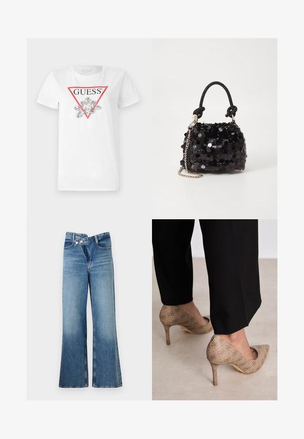 Vit t-shirt med en röd triangulär logotyp med texten "GUESS", prydd med silverpaljetter i blomform i mitten.; Ljust blå denim jeans med utsvängda ben och hög midja, med två knappar och framfickor. Tyget har en blekt textur med subtila variationer.; Beige högklackade skor med en strukturerad tyg som har ett upprepande mönster. Spetsig tån design med bakakcent och detaljer i guld på klacken.; Svart paljett mini-handväska med en knuten texturerad rem och silverkedja. Rund form med samlad topp och reflekterande detaljer.