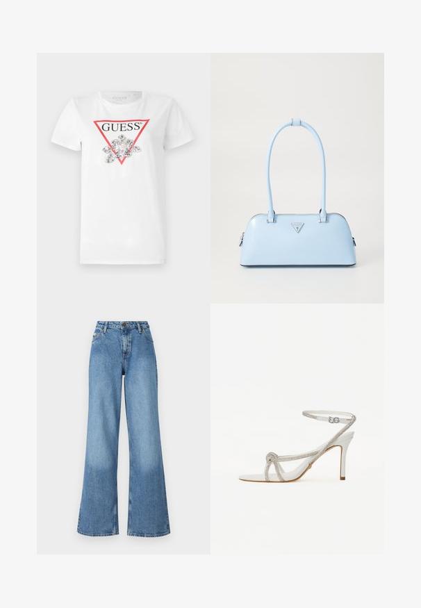 Bijela majica kratkih rukava s crvenim trokutastim logotipom na kojemu stoji tekst "GUESS", ukrašena srebrnim šljokicama u obliku cvijeta na sredini.; Traperice s visokim strukom i širokim nogavicama, u plavoj boji, s prednjim džepovima, petljama za pojas i kopčanjem na dugme i patentni zatvarač.; Bijela sandala s visokom petom i teksturiranim remenom ukrašenim rhinestones, otvorenog prsta, s remenom oko gležnja i podesivom kopčom.; Svijetloplavi ručni torbica sa strukturiranim oblikom, glatka kožna materija, dva ručka i trokutasti brend logotip na prednjoj strani. Zatvaranje na patentni zatvarač.