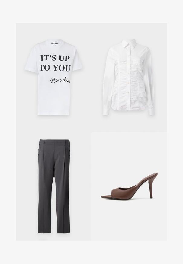 White cotton t-shirt featuring bold black text: "IT'S UP TO YOU" and signature-style text at the bottom. Classic crew neck design.; White button-up shirt with long sleeves, featuring a ruched texture across the front, small golden buttons, and a standard collar.; Gray tailored pants featuring a straight leg design, front pleats, and decorative side buttons for added detail. Smooth fabric texture.; Brown leather open-toe high-heeled mules with a sleek design, featuring a wide front strap and a slender stiletto heel.