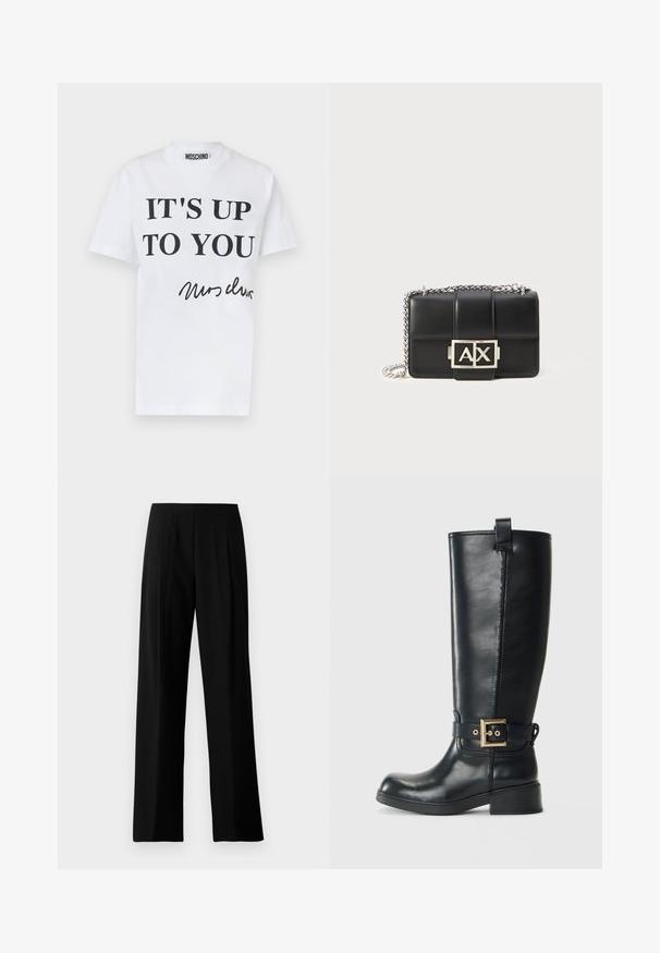 Hvid bomulds t-shirt med fed sort tekst: "DET ER OP TIL DIG" og signatur-lignende tekst nederst. Klassisk crew neck design.; Sorte vidde bukser lavet af glat stof, med en flad talje og frontfald for et skræddersyet look. Ingen synlig hardware eller mønstre.; Sort knælange læderstøvler med lav blokhæl, dekorativ guldspænde rundt om anklen og en træksløjfe øverst.; Sorte læderhåndtaske med quiltet design, sølvfarvet kædestrop og et fremtrædende sølvfarvet "AX" logo på fronten. Kompakt rektangulær form.