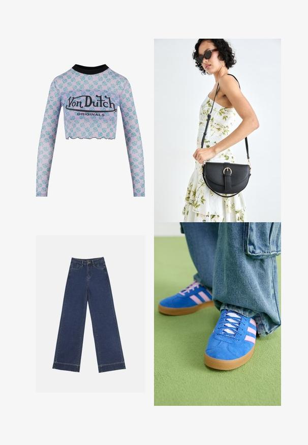 Kratka dolga majica iz prosojnega sivkastega blaga s turkiznim grafičnim vzorcem in črnim izrezom; ima valovit spodnji rob in znak na tisk.; Široke traperice v temno modrem denimu. Imajo pet žepov, zanke za pas in surov rob na dnu z vidnimi šivi.; Modri semiš čevlji z rožnatimi črtami in belimi vezalkami, z gumijastim podplatom, v kombinaciji z ohlapnimi jeans hlačami na zeleni površini.; Črna usnjena torbica s ukrivljeno obliko, z odstranljivo naramnico in zlatimi dodatki. Torbica ima pokrov s podrobnostmi v obliki zaponke.