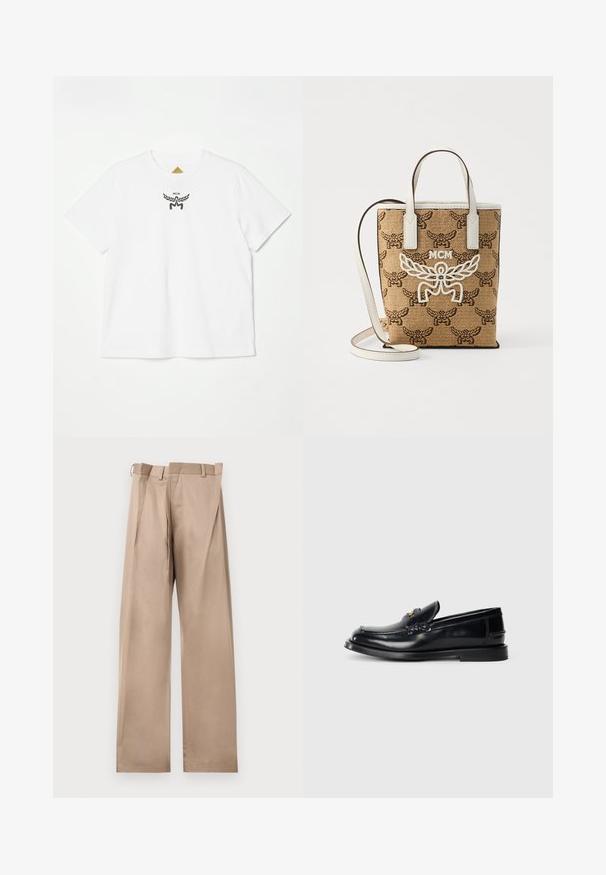 Witte katoenen t-shirt met een klein zwart logo met vleugels en "MCM" in het midden van de voorkant. Korte mouwen en een ronde hals.; Beige op maat gemaakte broeken met een rechte pijp, voorzien van een platte voorkant, riemlussen en plooien. Gemaakt van een gladde stof met een zachte textuur.; Zwarte leren instapper met een gestikt ontwerp, een kleine voorklep en een platte rubberen zool. Glad textuur met goudkleurige hardware accent.; Bruine gevlochten tas met een gedetailleerd patroon; witte leren accenten; MCM-logo in het wit; korte handvatten en een afneembare schouderriem.