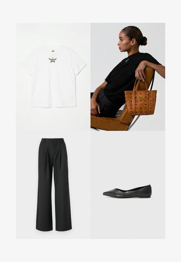 Biała bawełniana koszulka z małym czarnym logo z skrzydłami i napisem "MCM" na przedniej części. Krótkie rękawy i klasyczny dekolt.; Won Hundred CAMILLE czarny; Czarne skórzane baletki z ostrym noskiem, niskim obcasem i gładką fakturą. Minimalistyczny design z subtelnym akcentem po boku.; Kobieta z włosami w kok siedzi bokiem na brązowym skórzanym fotelu, trzymając jasną torbę tote w wzór z czarnymi logo i złotym emblematem.