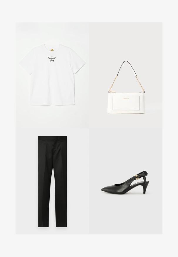 White cotton t-shirt featuring a small black logo with wings and "MCM" at the center front. Short sleeves and crew neck design.; Black trousers featuring a smooth fabric, tailored design, straight legs, and a flat waistband with no visible closures or pockets.; Black leather slingback pump with a pointed toe, small heel, and a buckle detail on the ankle strap. Smooth texture, minimalist design.; White leather handbag with a textured finish, featuring a gold chain strap and black accents. Includes a front pocket and zipper closure.