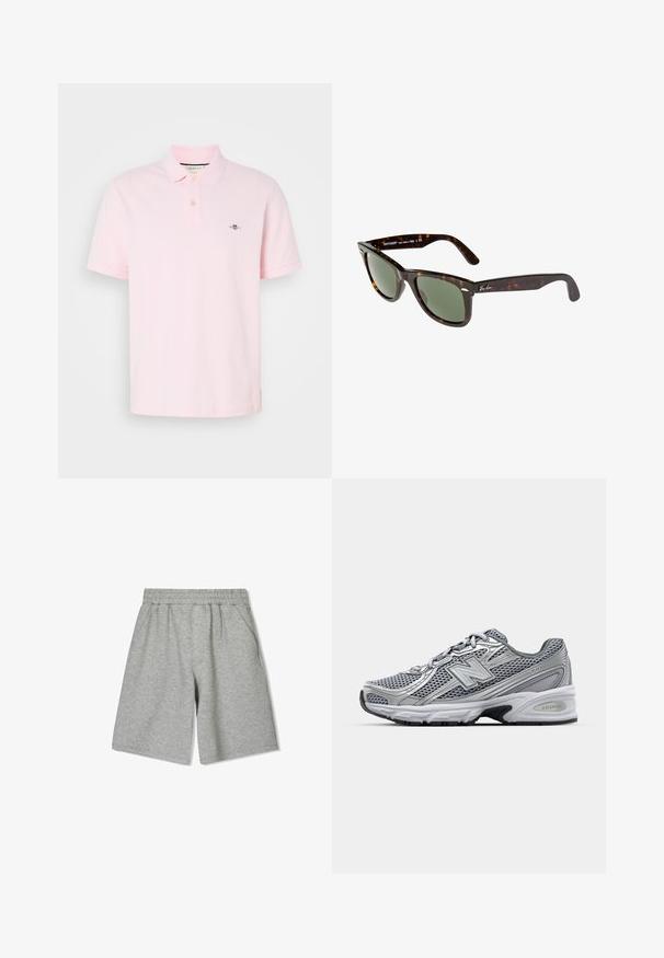Svetloružová polokošeľa vyrobená z bavlny, s klasickým golierom, dvojitým zapínaním a vyšitým logom na ľavej hrudi.; Šedé bavlnené šortky s elastickým pásom, so bočnými vreckami a voľným strihom. Hladká textúra a dĺžka po kolená.; Sivá atletická topánka s častou z vrchnej časti, striebornými akcentmi, polstrovaným golierom a bielou medzipodrážkou s čiernou podrážkou.; Slnečné okuliare Wayfarer s tmavoželvovým plastovým rámom, zelenými sklami a strieborným logom Ray-Ban na nožičke.