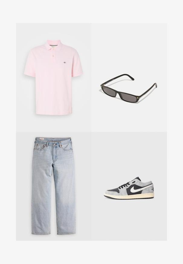 Polo-shirt rose clair en coton, avec un col classique, une patte de boutonnage à deux boutons et un logo brodé sur la poitrine gauche.; Jeans droits bleu clair à taille haute, avec fermeture à boutons et poches avant et arrière, présentés sur une surface plate.; Nike Air Jordan 1 Low en cuir suédé gris et noir avec des accents blancs. Présente une semelle rembourrée et le logo emblématique de Nike.; Lunettes de soleil noires rectangulaires avec des verres sombres. Monture en plastique avec une finition mate. Accents dorés sur les branches et logo de marque.