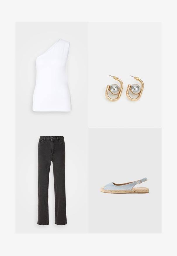 Asymmetric white tank top with one shoulder design, made from smooth fabric, featuring a fitted silhouette and clean edges.; Black denim jeans with a straight cut, high waist, five pockets, and a button closure. Material has a slight texture, no visible patterns.; Light blue espadrille with a slingback design, featuring a rounded toe, jute sole, and flat heel. Soft texture with minimal stitching details.; Gold-tone earrings with a curved, hoop-like design featuring a prominent silver spherical accent. Polished metal finish, post-back closure.
