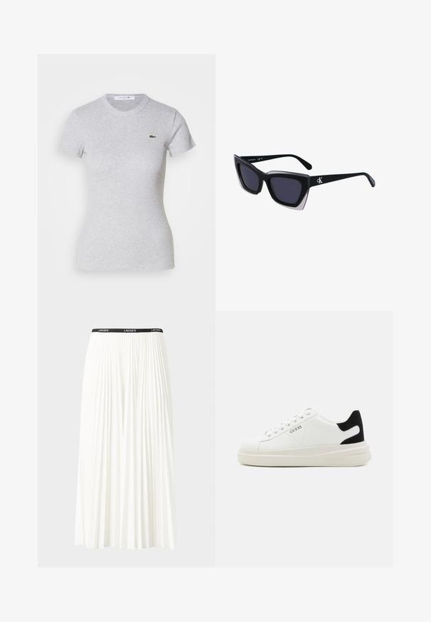Ανοιχτό γκρίζο εφαρμοστό T-shirt κοντομάνικο με στρογγυλή λαιμόκοψη και μικρό πράσινο λογότυπο κροκοδείλου Lacoste στη αριστερή πλευρά του στήθους.; Κοντή πλισέ λευκή φούστα με μαύρη ελαστική ζώνη που φέρει το λογότυπο "LACOSTE". Σχεδίαση μεσαίου μήκους με μαλακή υφή.; Λευκά δερμάτινα αθλητικά παπούτσια με χοντρή λευκή σόλα, μαύρη σουέτ λεπτομέρεια στην φτέρνα και ανάγλυφο λογότυπο στο πλάι. Σχέδιο με κορδόνια και έξι θηλιές.; Μαύρα υπερμεγέθη γυαλιά ηλίου με γεωμετρικό σχήμα, διαθέτοντας σκούρους φακούς και αντίθεση γκρίζα λεπτομέρεια στη σκελετό. Λογότυπο στον βραχίονα.