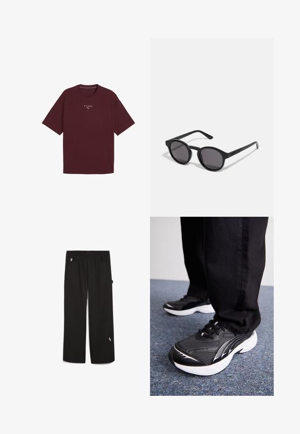 Bordeauxfarbendes Baumwoll-T-Shirt mit Rundhalsausschnitt, kurzen Ärmeln und weißem "HYROX"-Logo auf der Brust. Legerer Schnitt mit einer glatten Textur.; Schwarze Hose mit elastischem Bund, zwei Fronttaschen und einem kleinen gestickten Detail am Unterschenkel. Hergestellt aus einem leichten Material.; Schwarze Sportschuhe aus Netzstoff, weiße Sohle und schwarze Akzente. Die Sohle hat ein strukturiertes Profil. Tragen zu schwarzen Hosen auf einem blauen Teppichboden.; Schwarze Sonnenbrille mit einem runden, leicht gewellten Rahmen, dunklen Gläsern und geraden schwarzen Bügeln. Glatte, glänzende Oberfläche ohne sichtbare Muster.