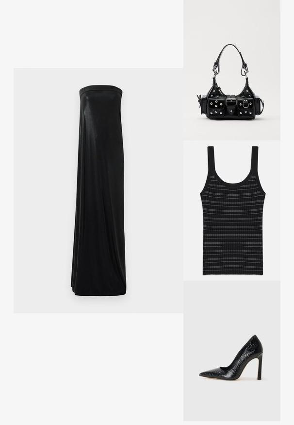 Zwart geribbeld tanktop met dunne witte strepen, met een ronde halslijn en brede schouderbanden. Gladde textuur, aansluitend ontwerp.; Zwart strapless maxi-jurk van glanzende, soepele stof. Heeft een getailleerde buste en een vloeiende silhoutte die de vloer raakt, zonder versieringen.; Zwarte puntige hoge hak schoen met een krokodillenleren textuur, met een slank ontwerp, hoge stiletto-hak, en een gladde zwarte binnenkant.; Zwarte lederen handtas met een gebogen ontwerp, voorzien van zilveren studs, een gesp en twee zijvakken. Verstelbare schouderband voor verschillende draagmogelijkheden.