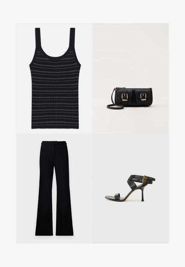 Black ribbed tank top with thin white stripes, featuring a round neckline and wide shoulder straps. Smooth texture, fitted design.; Black flared pants featuring a smooth texture, tailored waistband, and front pockets, designed with a sleek, modern silhouette.; Black heeled sandal with crossed straps and adjustable buckle. Features a smooth texture and tapered stiletto heel.; Black leather crossbody bag with two front pockets, gold buckles, zipper closure, and a slim strap. Textured surface and compact rectangular shape.