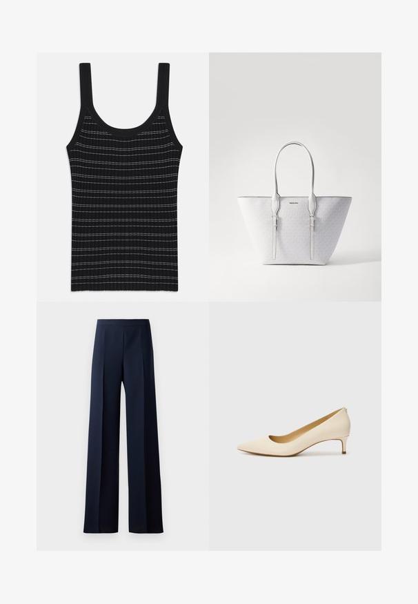Svart ribbete tanktopp med tynne hvite striper, med rund hals og brede skulderstropper. Glatt tekstur, figurnær design.; Bredde ben bukser i mørk marineblått stoff, med en glattere tekstur, subtile frontbretter og en tettsittende livlinje for en strømlinjeformet silhuett.; Beige spisset tå pumpe laget av glatt syntetisk materiale, med lav hæl og en slip-on design med en subtil bakdetalj.; Tote-veske med et hvitt monogrammønster, glatt tekstur og sølvfarget hardware. Den har to solide håndtak og en avsmalnende form.