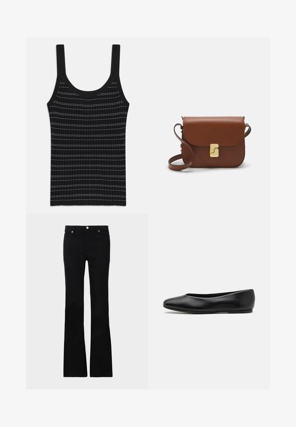 Schwarzes, geripptes Tanktop mit dünnen weißen Streifen, runder Ausschnitt und breiten Trägern. Glatte Textur, figurnahes Design.; Schwarze, ausgestellte Jeans aus Denim, ausgestattet mit zwei Fronttaschen, einem Knopfverschluss und einer glatten Oberfläche. Signatur-Nähte an den Nähten sichtbar.; Paul Smith TOPANGA - Klassischer Ballerina - black; Braune Ledertasche mit Klappenverschluss, Beschlägen in Goldfarbe, einem Schultergurt und einer glatten Oberfläche. Kompakte rechteckige Form.