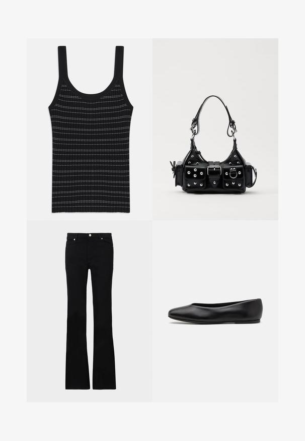 Czarny prążkowany top na ramiączkach z cienkimi białymi paskami, z okrągłym dekoltem i szerokimi ramiączkami. Gładka tekstura, dopasowany fason.; Czarne dzwony z denimu, z dwoma przednimi kieszeniami, zapięciem na guzik i gładką fakturą. Widoczne charakterystyczne szycie na szwach.; Paul Smith TOPANGA czarny; Czarna skórzana torebka w zakrzywionym kształcie, z srebrnymi ćwiekami, klamrą i dwoma bocznymi kieszeniami. Regulowany pasek umożliwiający różne opcje noszenia.
