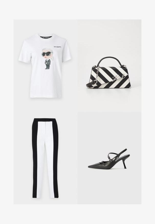 Camiseta blanca de algodón con una ilustración gráfica de un personaje con gafas de sol negras y un traje. La etiqueta dice "KARL LAGERFELD."; Pantalones ajustados de corte tapered en blanco y negro, con un ajuste slim y paneles en contraste. La tela tiene una textura suave; la cinturilla es plana y ajustada.; Tacones slingback de cuero negro con punta afilada, tacón delgado y detalle decorativo de hebilla en la parte superior. Textura suave y diseño elegante.; Bolso de mano a rayas en blanco y negro con una forma estructurada, que cuenta con un asa superior, una correa de cadena desmontable y un acento de logo metálico.
