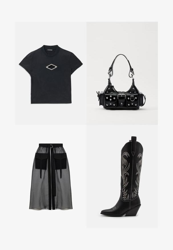 Juoda trumpomis rankovėmis kirpta marškinėliai su apvaliu iškirpimu ir sidabriniu deimanto formos išpjovimu centre priekyje.; Juoda permatoma sijonas su surinkta liemene, dviem didelėm priekinėm kišenėm, liemens raišteliu ir apvaliu metaliniu akcentu.; Juodi oda kaubojiški batai su smailiu nosiu, stulpeliu ir sidabriniais siuvinėti gėlių raštais palei šoną. Kontrastingas siuvinėjimas visoje bato dalyje.; Juodas odinis rankinukas su kreiviu dizainu, su sidabro spalvos knopkėmis, užsegimu ir dviem šoninėmis kišenėmis. Reguliuojama dirželis nešimui.
