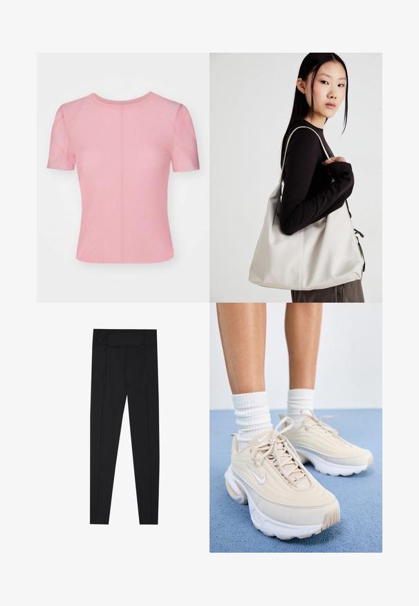 Rövid ujjú, testhezálló póló, puha, könnyű anyagból készült. Szín: világos rózsaszín. Jellemzője a klasszikus nyak és a varrás nélküli kialakítás, sima textúrával.; Fekete leggings sima textúrával, magas derékkal és oldalfelületeken varrási részletekkel. Karcsú szabású, különféle tevékenységekhez megfelelő.; Beige színű sportcipők, textúrázott felsőrészel, fehér fűzőkkel és vastag fehér talppal. A dizájn finom íveket és egy kis logót tartalmaz.; Puha anyagból készült bézs kézitáska, laza dizájnnal, varrott részletekkel és két vállpánttal. Mindennapi használatra alkalmas.