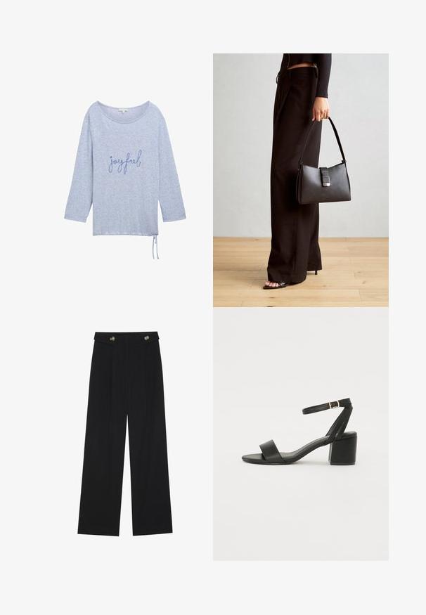 Helles blaues Langarmoberteil aus einem weichen, strukturierten Stoff, mit lockerer Passform, rundem Halsausschnitt und dem Wort "fröhlich" in dunkelblauer Schreibschrift gestickt.; Schwarze weite Hosen mit hoher Taille, Knopfdetails am Bund und vorderen Falten.; Schwarze High Heels Sandalen mit einem glatten Lederoberteil, offener Zehenpartie, breiten Vorderstraps und verstellbarem Knöchelriemen mit einem goldenen Schnallen-Detail.; Schwarze Handtasche mit strukturierter Form, glatter Textur und einem metallischen Verschluss. Kombiniert mit weiten schwarzen Hosen und offenen Sandalen auf einem Holzboden.