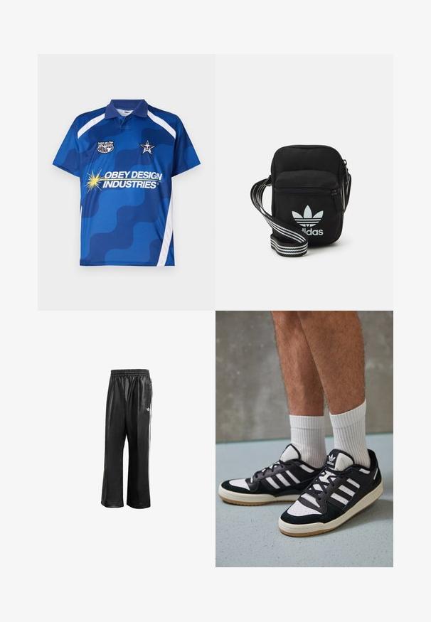 Modra polo majica kratkih rokavov z valovitim vzorcem, belimi detajli in več logotipi, vključno z "Obey Design Industries" ter zvezdo.; Črne sintetične športne hlače z elastičnim pasom, z belimi stranskimi črtami in s majhnim belim logotipom na levem kolku.; Črno-bele superge z zgornjim delom iz usnja in nubuka, ki imajo tri bele črte, perforiran vrh prstov in podplat iz gume.; Črna tkaninska torbica čez ramo z zadrgo, ki vsebuje belo Adidasovo logo in pridelano naramnico z več črtami za enostavno nošenje.