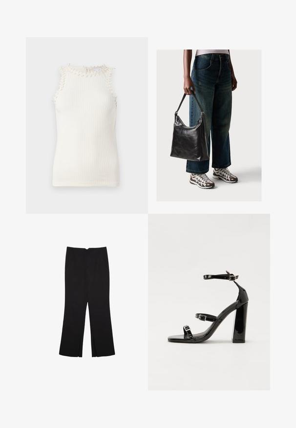 Top senza maniche a coste in bianco sporco con frange decorative attorno al collo, caratterizzato da una silhouette aderente e una texture morbida.; Pantaloni neri a gamba dritta, con tasche frontali e spacchi laterali all'orlo. Realizzati in tessuto morbido e liscio. Adatti a diverse occasioni.; Sandali con tacco in vernice nera, con punta squadrata, cinturini alla caviglia e fibbie in argento. Presentano un tacco a blocco spesso per maggiore stabilità.; Borsa a tracolla nera in pelle con una texture liscia e tracolla regolabile, abbinata a jeans ampi sbiaditi e sneakers sportive.