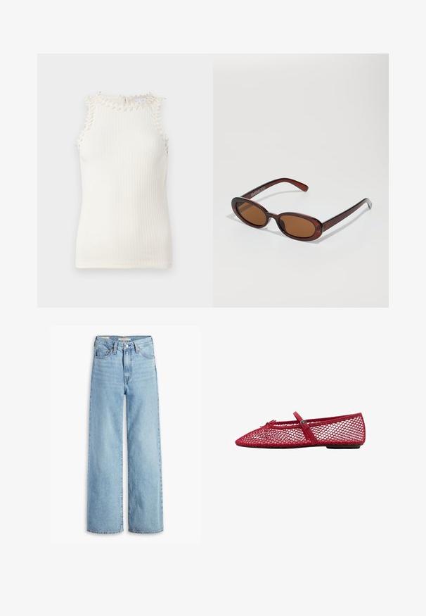 Top fără mâneci, cu cotețe, de culoare albă murdară, cu o margine decorativă din franjuri în jurul gulerului, având o siluetă ajustată și o textură moale.; Blugi cu talie înaltă, de culoare albastru deschis, cu croi larg, prevăzuți cu nasture și fermoar la față, bucle pentru curea și un stil cu cinci buzunare.; Balerini roșii din plasă cu vârful ascuțit, prezentând o curea subțire și un detaliu cu cataramă. Partea superioară are un model deschis, în formă de fagure.; Ochelari de soare rotunzi, cu nuanțe de brown și cu un cadru lucios de burgund. Brațe subțiri cu detalii subtile de branding. Design cu lentile plate.; Geantă din piele împletită, de culoare maro, cu o formă triangulară, lejeră. Are un mâner împletit și închidere cu fermoar pe partea superioară.