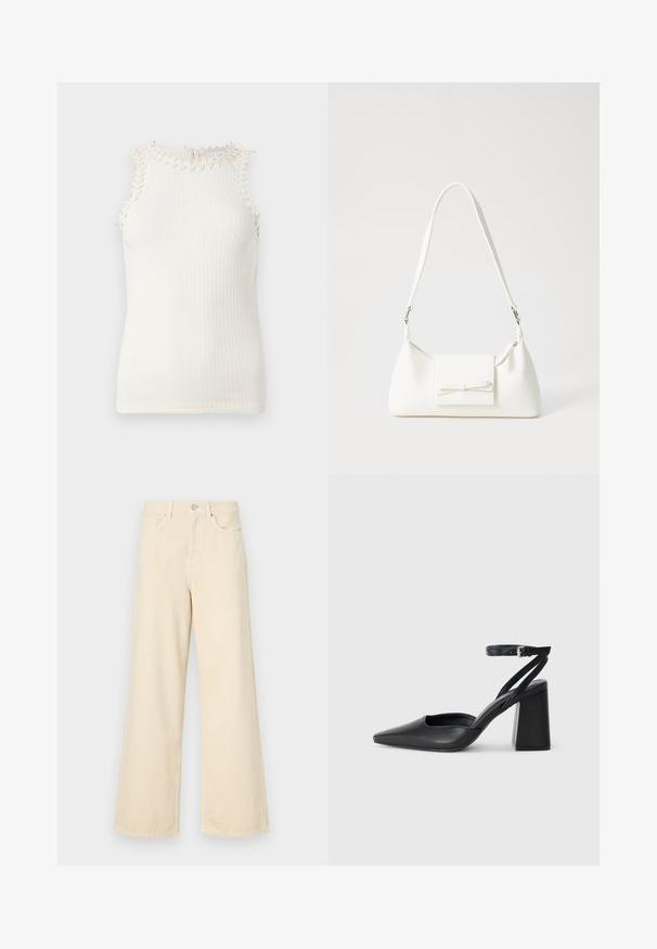 Rebrobana brezrokavna majica v off-white barvi z dekorativnim robom iz frufruja okoli izreza, ki ponuja prilegan silhueto in mehko teksturo.; Bež jeans širokega kroja iz bombaža. Imajo gumbno zapiranje, zanke za pas in sprednje žepe ter gladko, mehko teksturo.; Črne usnjene klasične čevlje z ostrim nosom, z zaponko za gleženj in debelim peto. Ravna tekstura, eleganten dizajn in minimalistična estetika.; Bela sintetična torbica v obliki trikotnika, z ravnim sprednjim poklopcem in detajlom mašne, nastavljivim trakom, gladko teksturo in minimalističnim dizajnom.