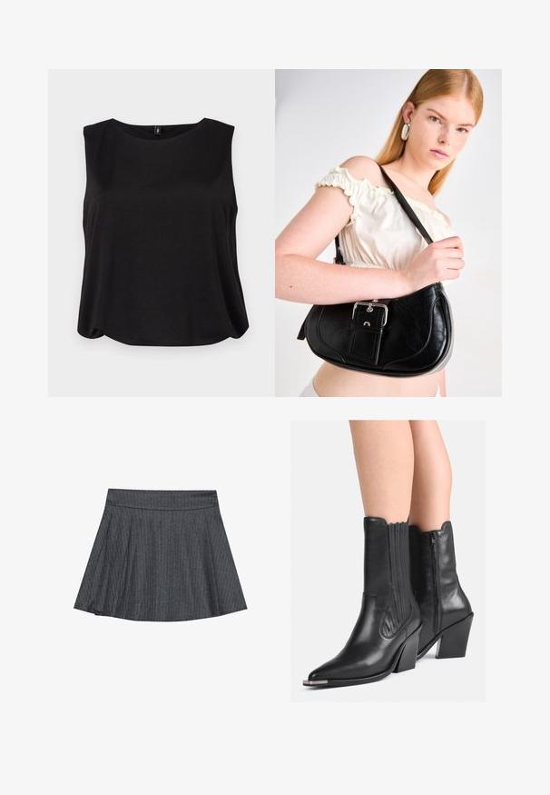 Fekete ujjatlan felső kerek nyakkivágással és laza fazonnal, puha, sima textúrájú anyagból készült. Egyszerű, letisztult dizájn, minták nélkül.; Szürke csíkozott korcsolyaszoknya, illeszkedő derékbetéttel, ellapult A-vonalú fazonnal és puha szövet textúrával. A függőleges vonalak fokozzák a vizuális vonzerőt.; Fekete bőr, középmagas szárú cowboy csizma hegyes orral, magasított sarkakkal, oldalsó cipzárral és díszített varrással, mezítláb viselve.; Fekete bőrtáska, kerekített formával, fényes ezüst kiegészítőkkel és levehető címkével. Simább tapintású, finom varrási részletekkel.; Aranyszínű fém fülbevalók sima, lekerekített háromszög alakúak, tűs hátlappal; tükröződő felület minimális díszítéssel.