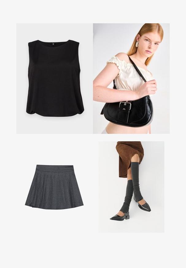 Fekete ujjatlan felső kerek nyakkivágással és laza fazonnal, puha, sima textúrájú anyagból készült. Egyszerű, letisztult dizájn, minták nélkül.; Szürke csíkozott korcsolyaszoknya, illeszkedő derékbetéttel, ellapult A-vonalú fazonnal és puha szövet textúrával. A függőleges vonalak fokozzák a vizuális vonzerőt.; Fekete lakk bőrből készült, hegyes orrú cipők, tömbsarkúakkal és bokapánttal, szürke bordás lábszármelegítőkkel és barna velúr szoknyával párosítva.; Fekete bőrtáska, kerekített formával, fényes ezüst kiegészítőkkel és levehető címkével. Simább tapintású, finom varrási részletekkel.