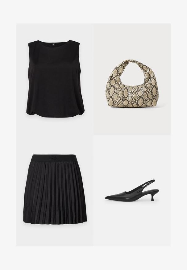 Czarny bezrękawnik z okrągłym dekoltem i luźnym krojem, wykonany z miękkiego materiału o gładkiej fakturze. Prosty, minimalistyczny design bez wzorów.; Czarna plisowana spódnica o gładkiej fakturze, z solidnym czarnym pasem w talii i wytłoczonym detalem z logo z przodu.; Czarne skórzane buty typu slingback z wydłużonym noskiem i smukłym, zakrzywionym obcasem. Posiadają dyskretny regulowany pasek z metalową klamrą.; Torebka w wężowy wzór z zakrzywionym uchwytem. Wykonana z teksturowanych, beżowych i brązowych materiałów, z charakterystycznym wzorem w diamenty.
