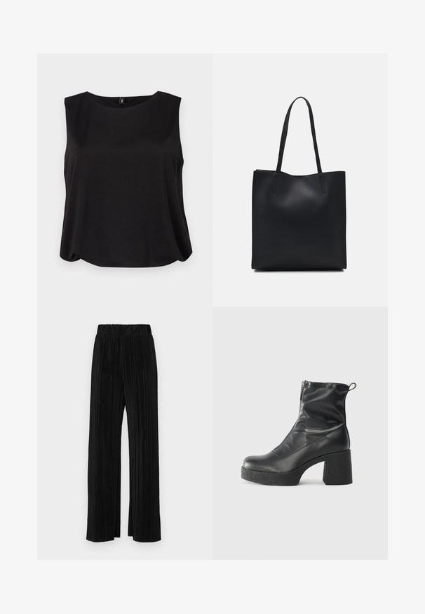 Black sleeveless top with a rounded neckline and loose fit, made of soft fabric with a smooth texture. Simple, clean design without patterns.; Black pleated trousers with an elastic waistband. Features wide legs and a smooth, textured fabric with vertical stripes.; Black ankle boots made of smooth leather, featuring a side zipper, chunky textured heel, and rounded toe design.; Black leather tote bag with smooth texture, rectangular shape, and two long handles. No visible hardware or embellishments.