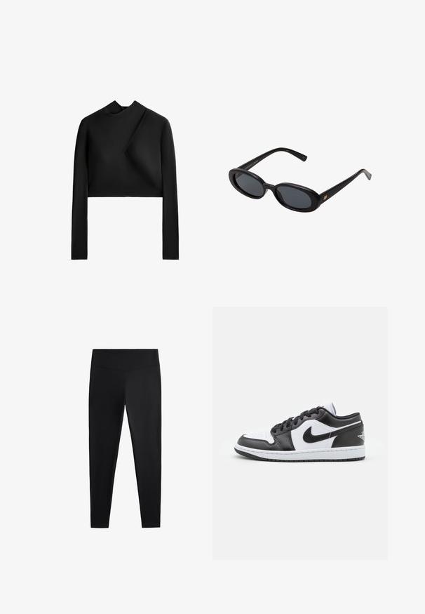 Svart långärmad crop top med hög halsringning och asymmetrisk design. Slät, matt textur med minimala sömdetaljer.; Svarta leggings av ett slätt, stretchigt tyg. Har en bred midja och design med avsmalnande ben, lämpliga för aktiv eller avslappnad användning.; Svarta och vita Nike låga sneakers har en slät läderöverdel, rund tå, snörning och en mönstrad gummisula.; Svarta överdimensionerade solglasögon med ovala linser, slät plastbåge och guldaccent på bågarna. Mörka linser ger solskydd.