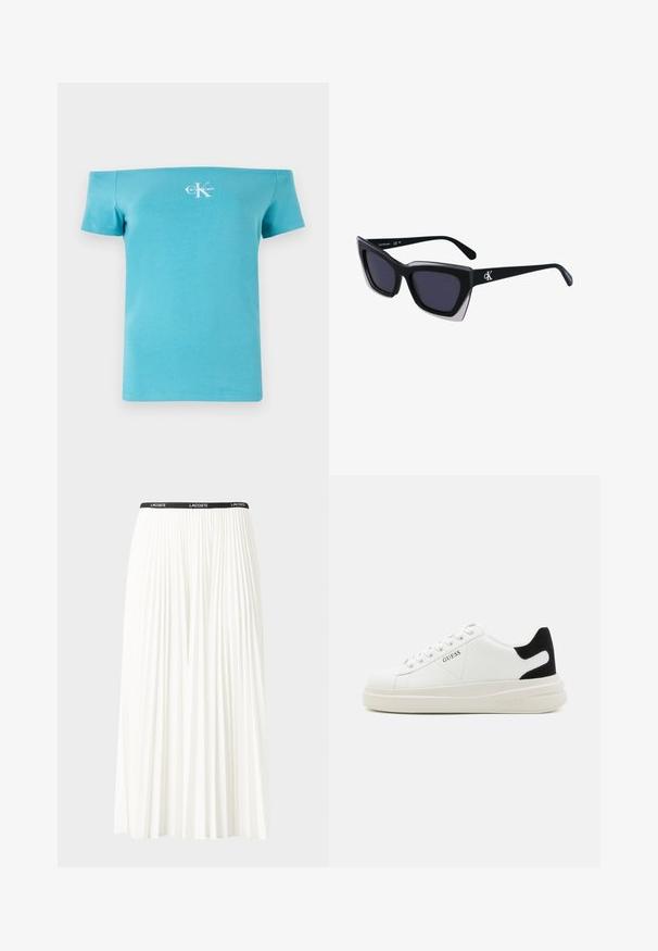 Cyan off-shoulder t-shirt van zachte katoen, met korte mouwen en een witte logo graphic op de voorkant.; Plisséminirok in het wit met een zwarte elastische tailleband met het "LACOSTE"-logo. Middellange ontwerp met een zachte textuur.; Witte leren sneakers met een dikke witte zool, zwarte suède hielaccent en een geperst logo op de zijkant. Vetersluiting met zes oogjes.; Zwarte oversized zonnebril met een geometrische vorm, voorzien van donkere glazen en een contrasterend grijs detail op het montuur. Logo op de arm.