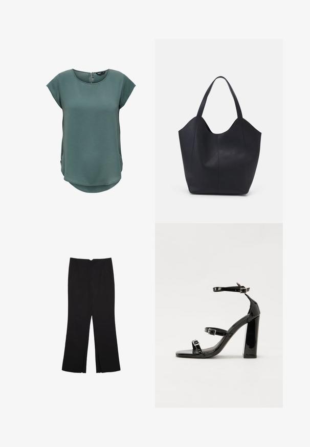 Grünes Kurzarmoberteil aus strukturiertem Stoff. Mit einem runden Ausschnitt und einem dezenten Reißverschluss hinten, sowie einem leicht geschwungenen Saum.; Schwarze Hose mit geradem Schnitt, ausgestattet mit Fronttaschen und Seitenschlitzen am Saum. Hergestellt aus weichem, glattem Stoff. Geeignet für verschiedene Anlässe.; Schwarze patentierte Sandalen mit Absatz, quadratischer Spitze, Knöchelriemen und silbernen Schnallen. Mit einem stabilen Blockabsatz für mehr Stabilität.; Schwarze Tote-Bag aus glattem Leder, mit einem abgerundeten, offenen Oberteil, zwei Schulterträgern und einem minimalistischen Design.