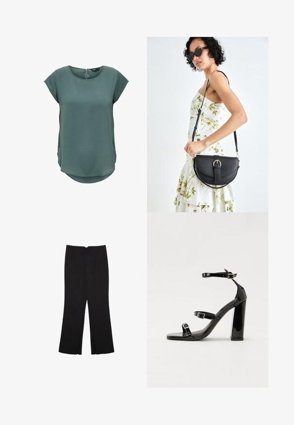 Top verde a maniche corte realizzato in tessuto testurizzato. Presenta un collo rotondo e una chiusura con zip discreta sul retro, con orlo leggermente curvato.; Pantaloni neri a gamba dritta, con tasche frontali e spacchi laterali all'orlo. Realizzati in tessuto morbido e liscio. Adatti a diverse occasioni.; Sandali con tacco in vernice nera, con punta squadrata, cinturini alla caviglia e fibbie in argento. Presentano un tacco a blocco spesso per maggiore stabilità.; Borsa a tracolla nera in pelle con una forma curva, manico rimovibile e accessori dorati. La borsa presenta una patta con un dettaglio a fibbia.