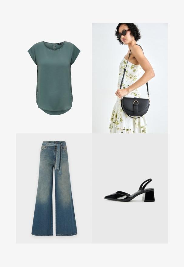 Top verde de manga corta hecho de tela texturizada. Presenta un cuello redondo y un cierre de cremallera discreto en la parte posterior, con un dobladillo ligeramente curvado.; Pantalones de mezclilla de pierna ancha con un degradado de azul claro a oscuro, cintura alta, trabillas para cinturón y un cinturón de tela a juego. Acabado de mezclilla texturizada.; Zapatos de tacón slingback de charol negro con punta afilada y tacón geométrico en bloque. Presentan un diseño elegante y minimalista, así como una textura suave.; Bolso de piel negra con forma curva, correa desmontable y herrajes dorados. El bolso cuenta con una solapa con un detalle de hebilla.