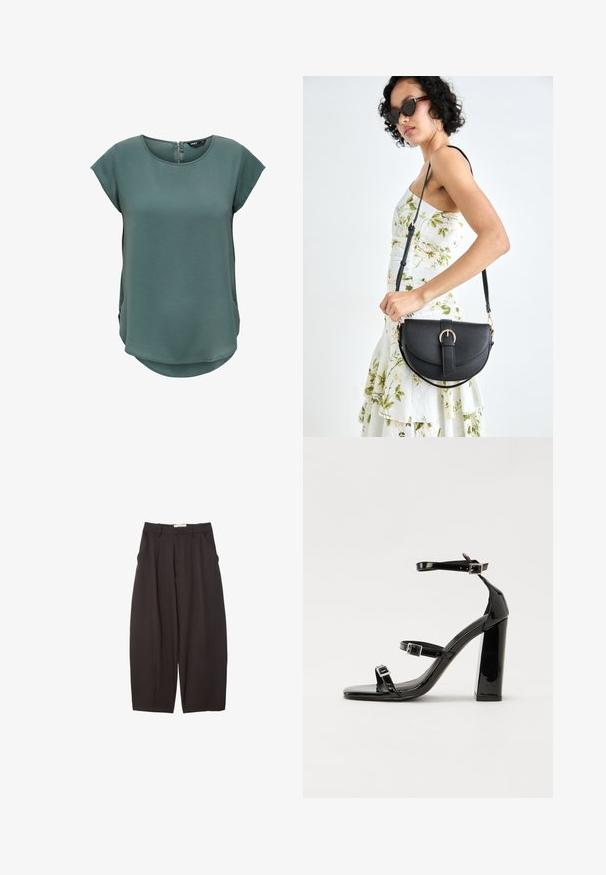 Zelený krátky rukáv top vyrobený z textúrovanej látky. Má okrúhly výstrih a diskrétny zips na zadnej strane, s mierne zakriveným lemom.; Čierne široké nohavice vyrobené z hladkej tkaniny, s vysokým pásom, prednými skladmi a bočnými vreckami. Jednoduchý dizajn bez ozdôb.; Čierne lakované sandále na podpätku so štvorcovou špičkou, navlečenými remienkami okolo členku a striebornými prackami. Disponujú masívnym blokovým podpätkom pre stabilitu.; Čierna kožená kabelka s zaobleným tvarom, odnímateľným popruhom a zlatými doplnkami. Kabelka má klopu s detailom s prackou.