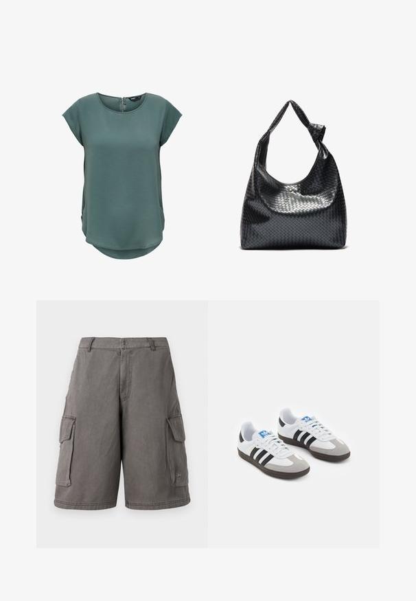 Green short-sleeve top made of textured fabric. Features a round neckline and a discreet zip closure at the back, with a slightly curved hem.; Gray cargo shorts made of durable fabric with side pockets, a button closure, and accent stitching. Features a logo on the lower hem.; Sport shoes with a white leather upper, gray suede toe, and three black stripes. Features a blue logo on the tongue and a textured rubber sole.; Black woven leather handbag with a slouchy design, featuring a knotted strap and a small decorative gold stud at the top.